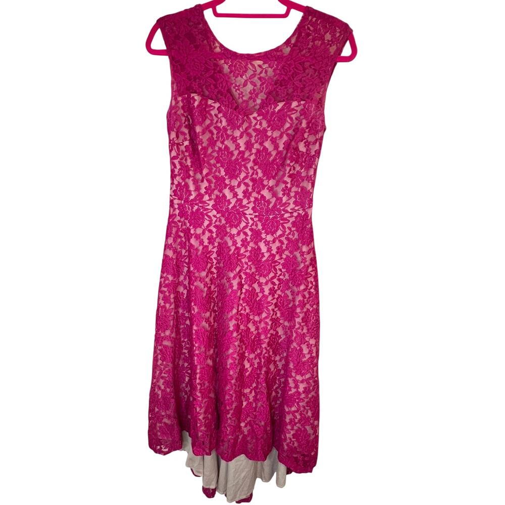 Sangria Fuchsia Pink Floral Lace High Low Fit Flare Cocktail Dress Size 6